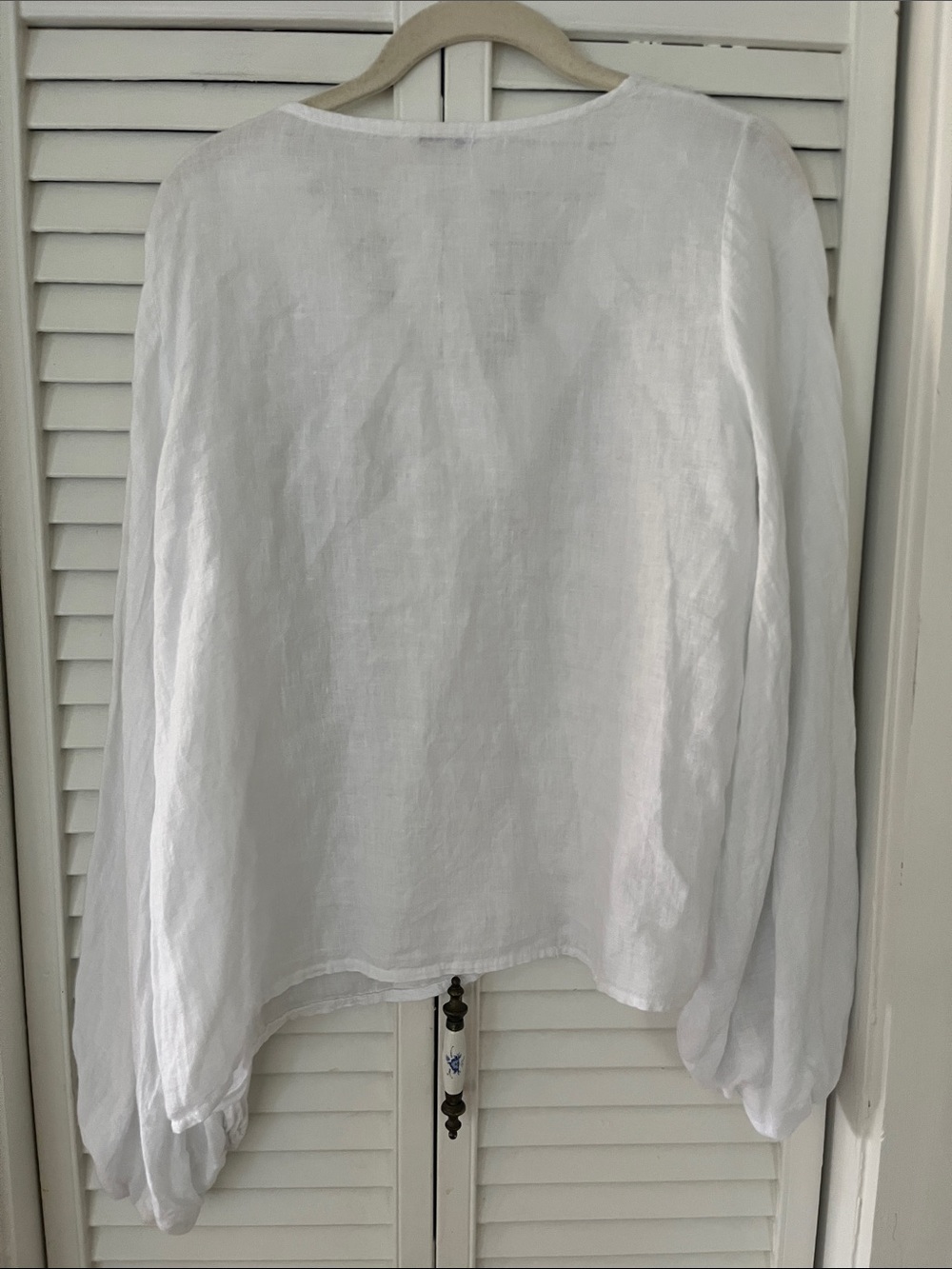 Suzy D Linen V Neck Puff Sleeve Top White Sz Large - Picture 4 of 5